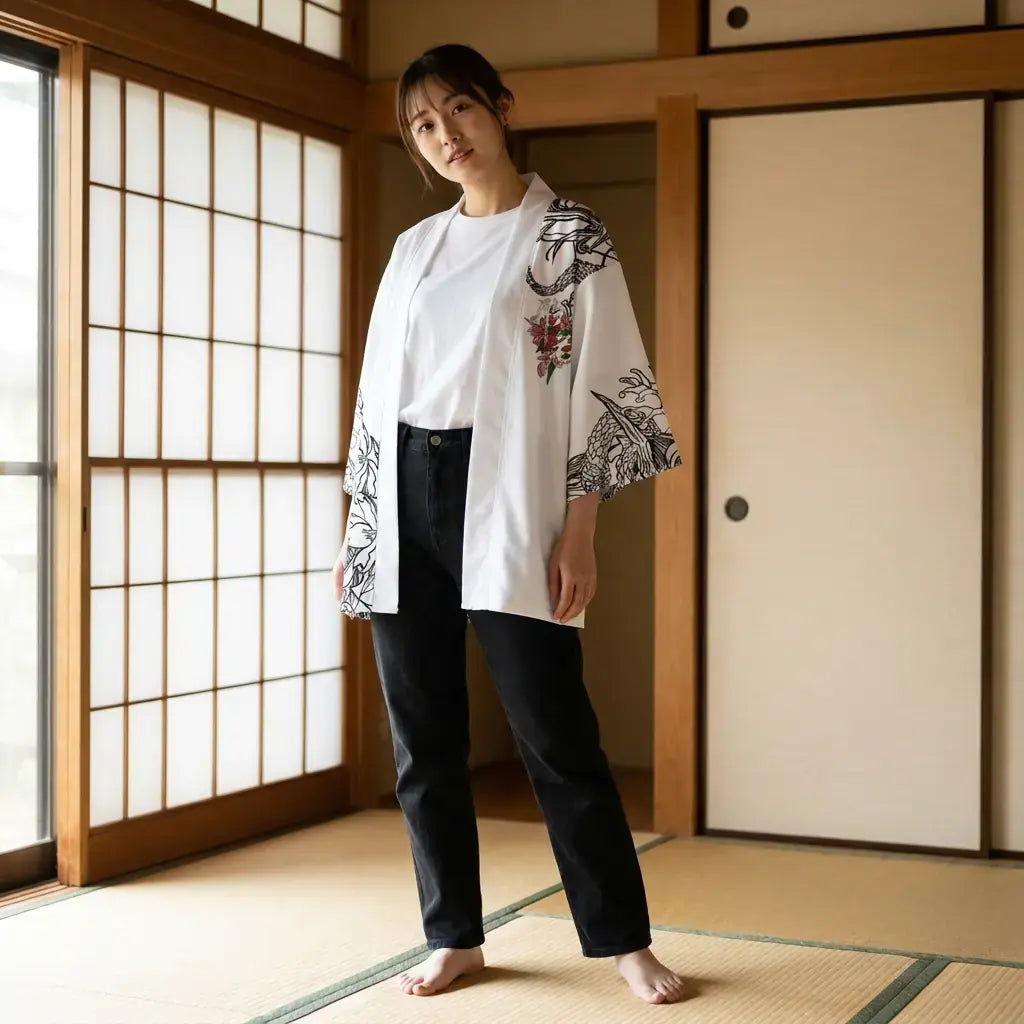 Kimono Oni llevado por una mujer en una habitación japonesa tradicional