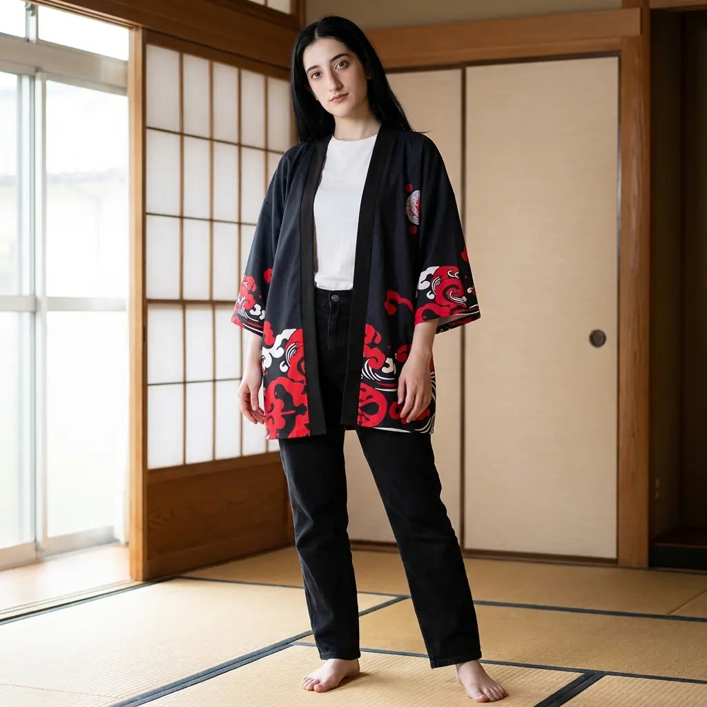 Kimono oni mujer con estampado rojo de demonio