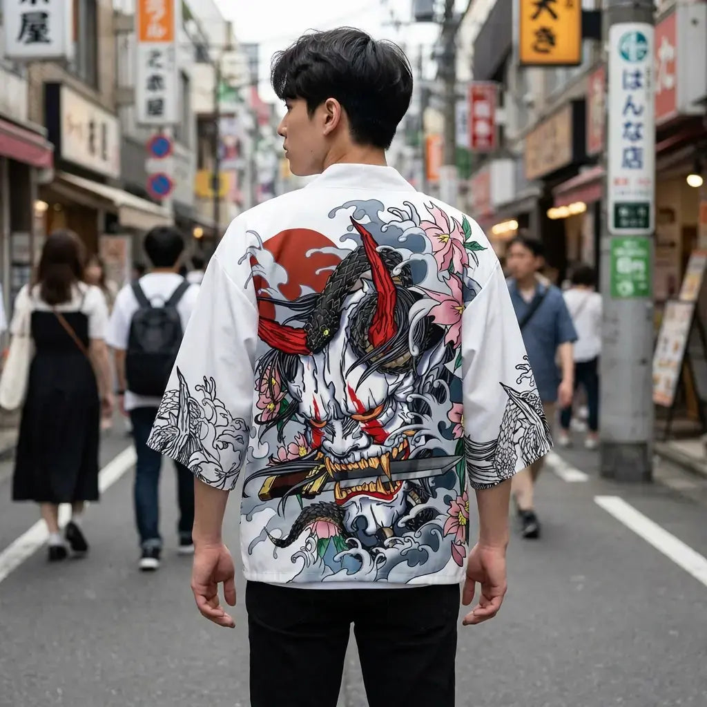 Kimono Oni llevado por un hombre en una habitación japonesa tradicional, vista frontal