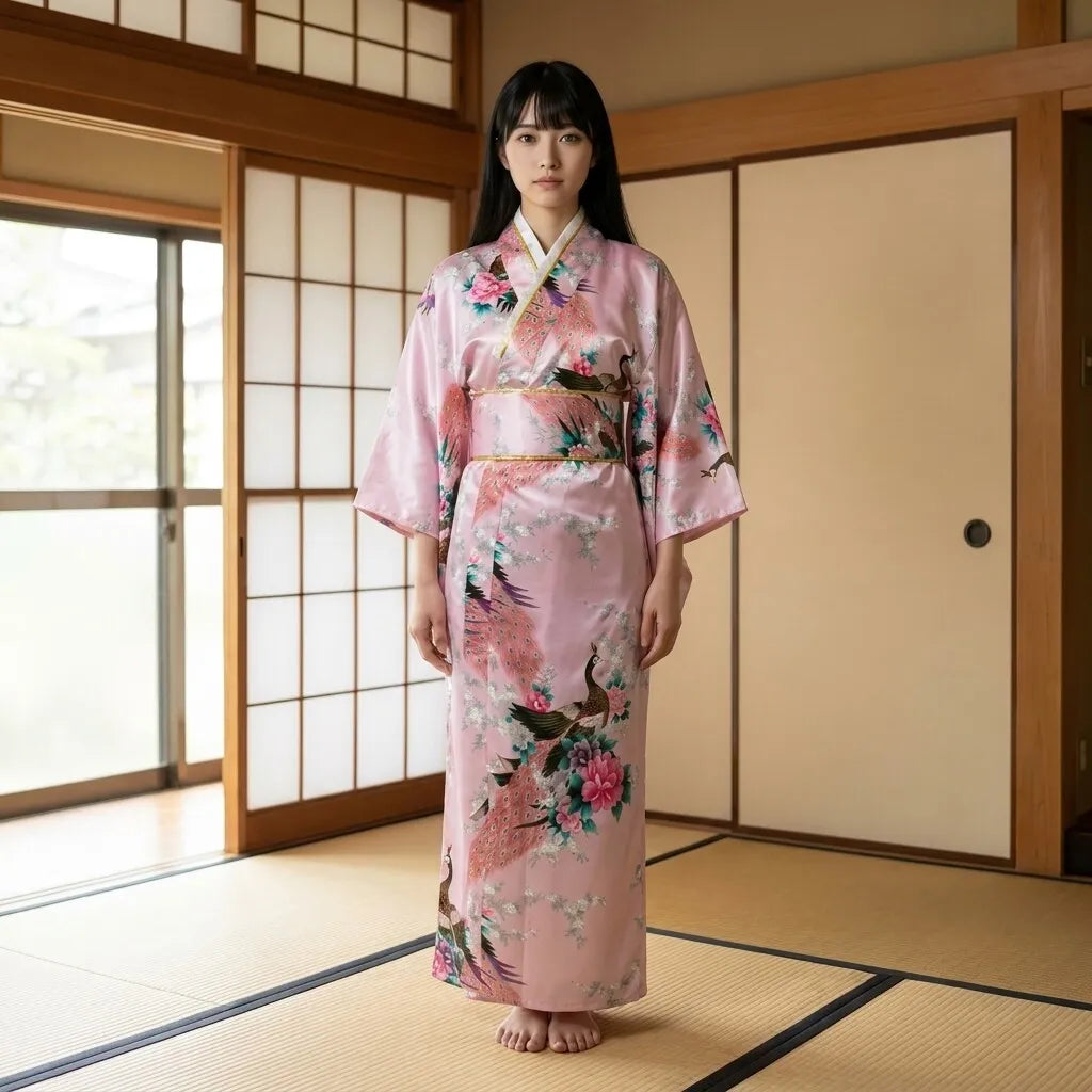 Kimono rosa con flores hanami y motivo de pavo real llevado cruzado