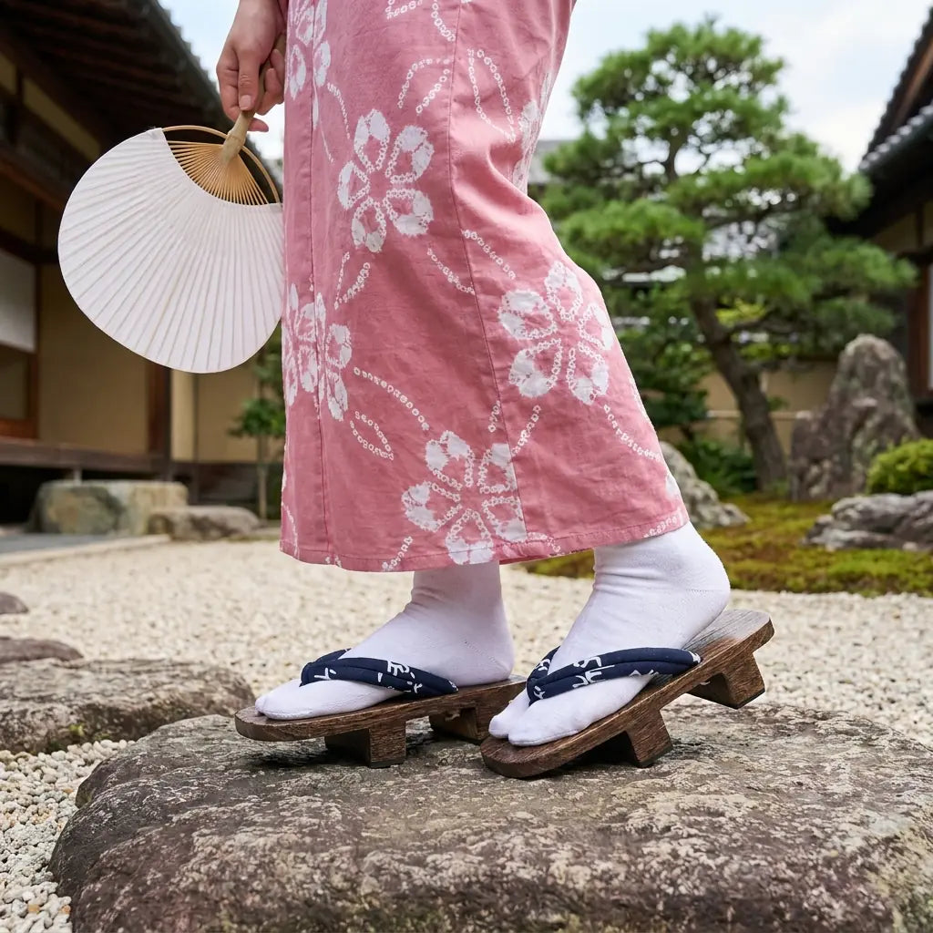 Sandalias geta llevadas con un kimono rosa en un jardín japonés
