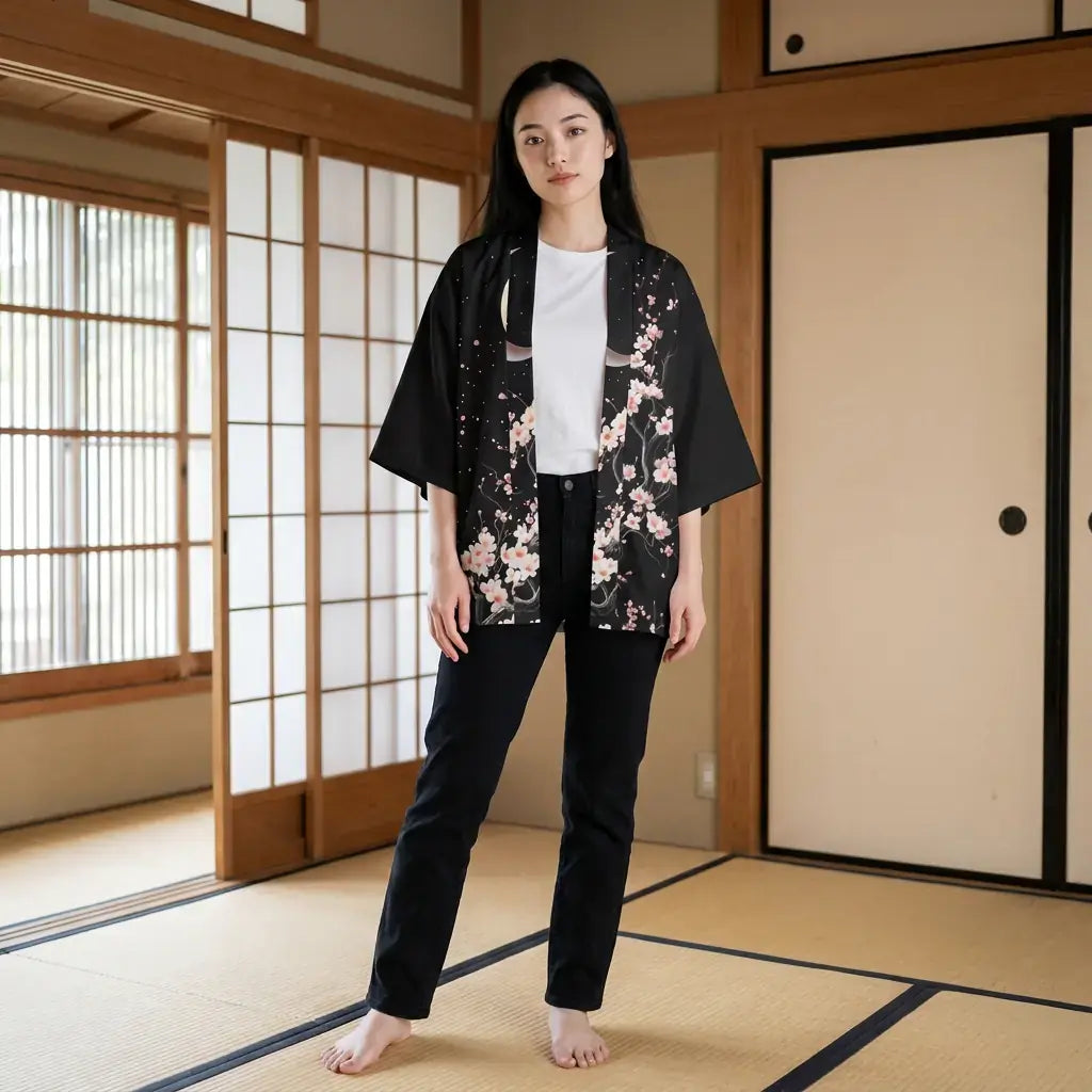 Kimono Sakura Mujer llevado por un hombre en una habitación japonesa tradicional, vista frontal