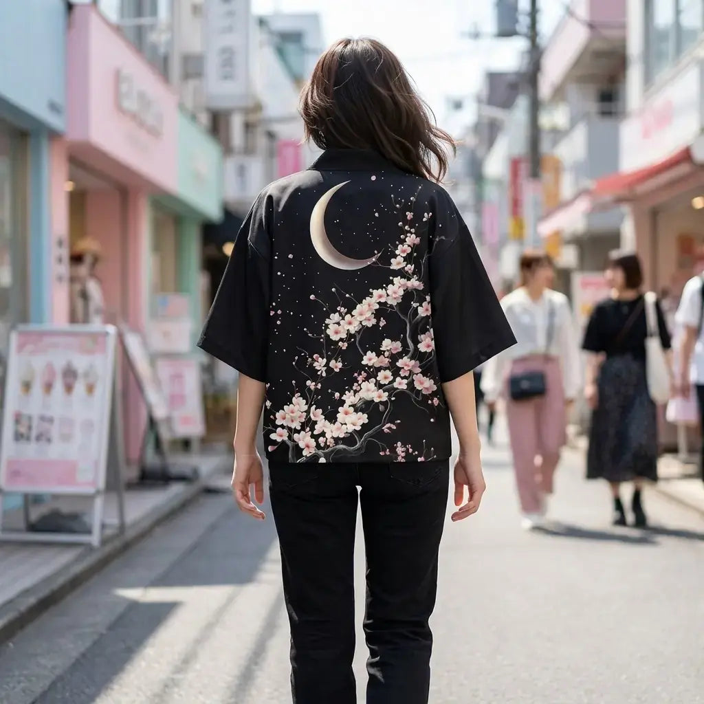 Kimono Sakura Mujer llevado por un hombre en una habitación japonesa tradicional, vista frontal