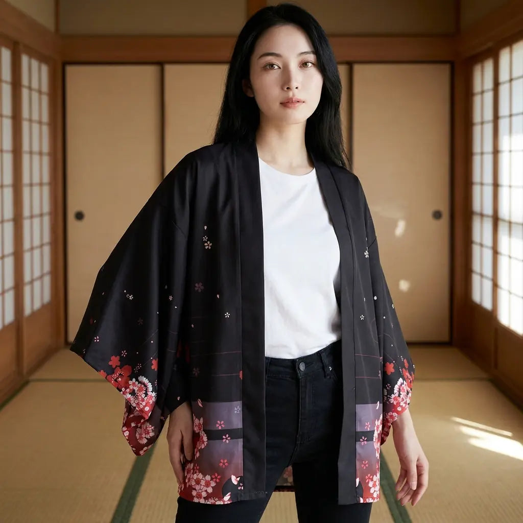 Kimono santuario kitsune para mujer, abierto, visto de frente en una sala de tatami