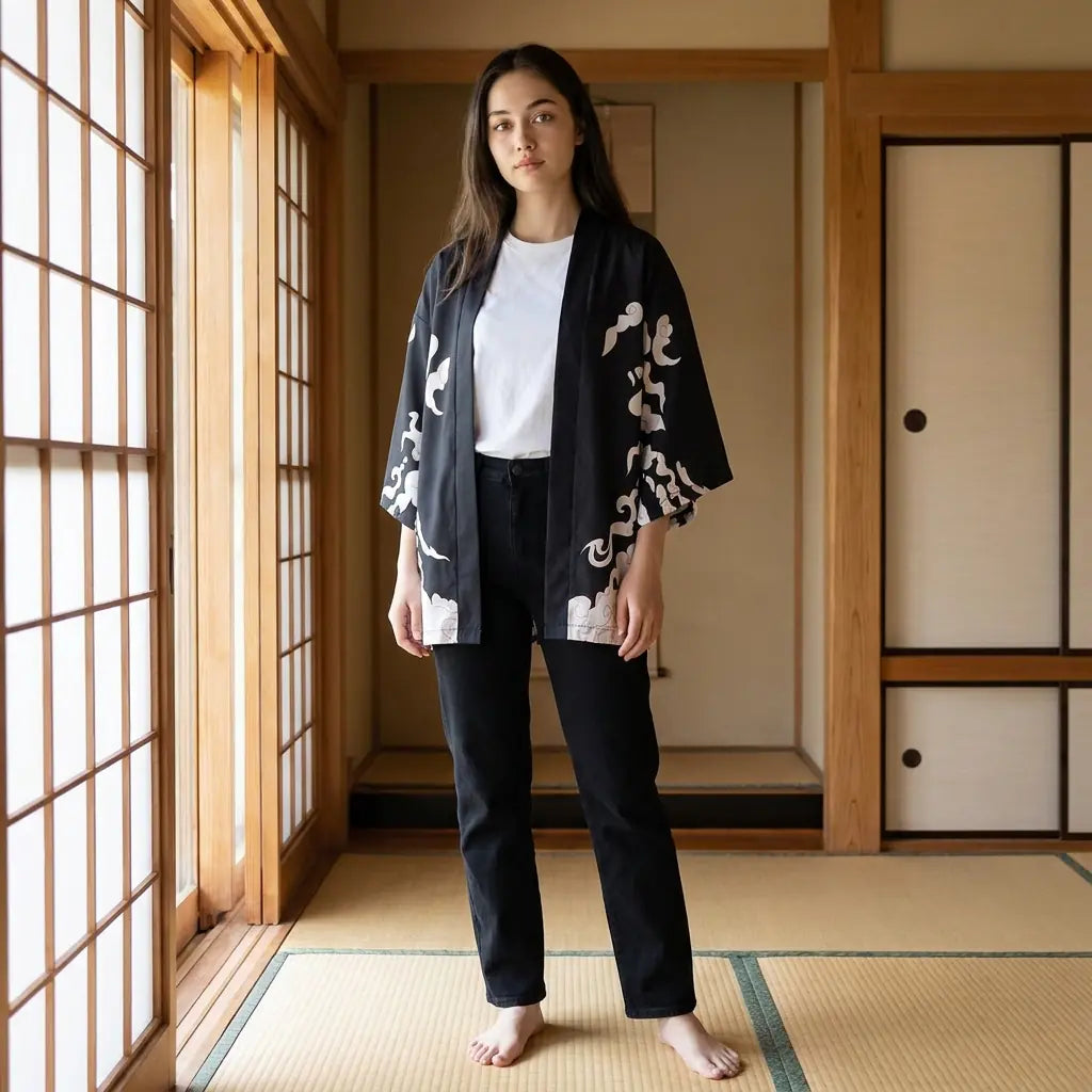 Kimono tigre mujer negro con estampado de tigre blanco y nubes sobre tatami