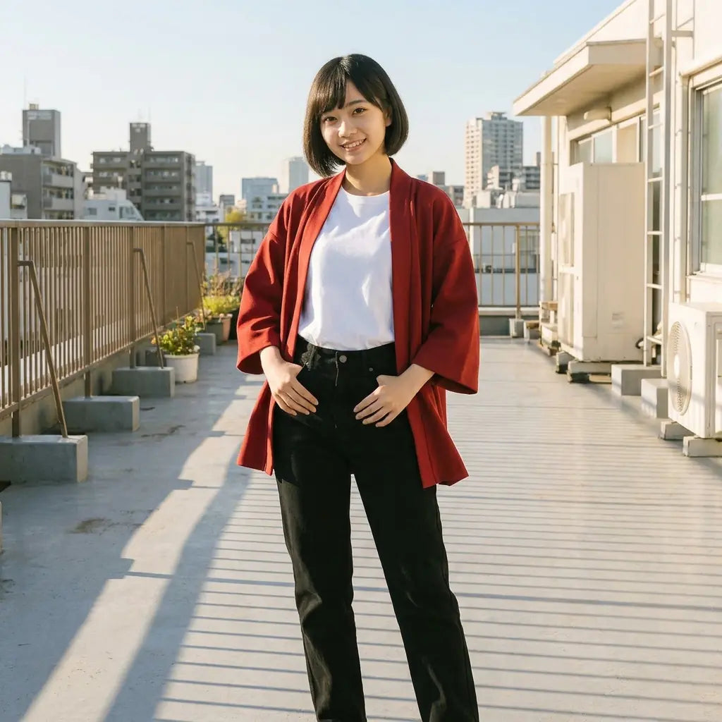 Kimono wrap rojo en una azotea al atardecer, con luz cálida