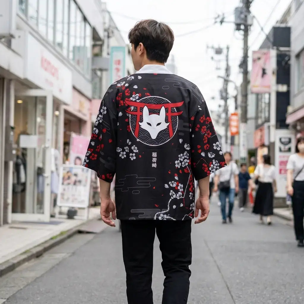 Kimono Zorro llevado por un hombre en una habitación japonesa tradicional, vista frontal