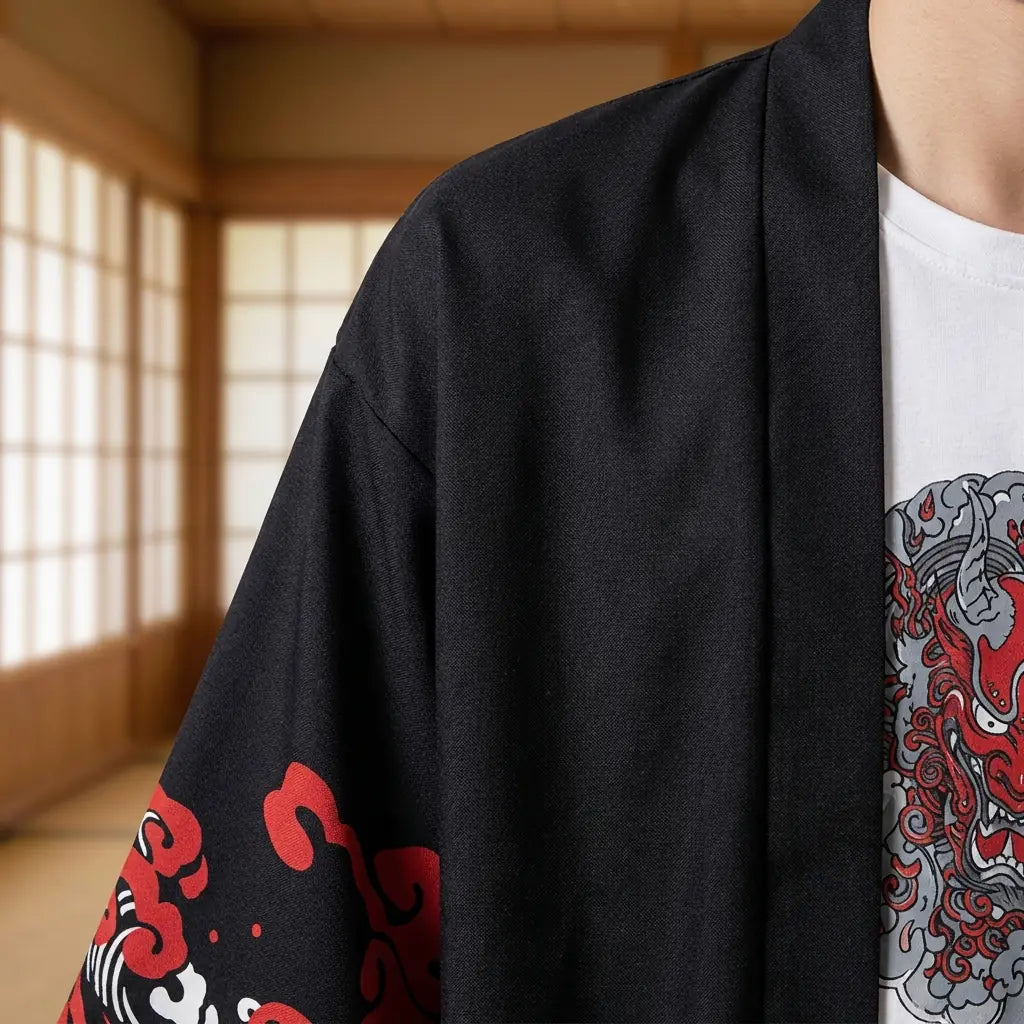 Detalle de la tela estampada y la manga de una chaqueta kimono haori