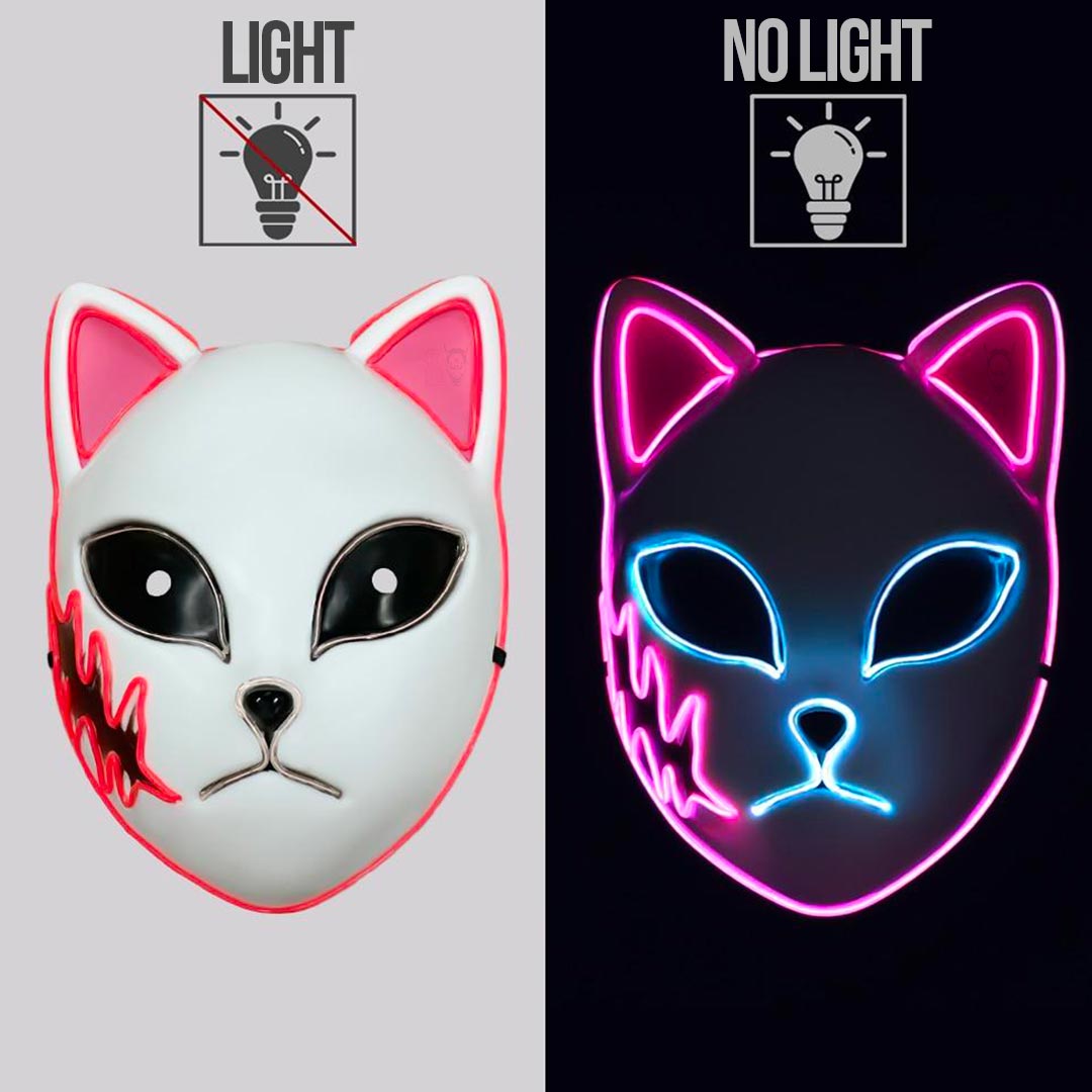 La mascara cosplay demon-slayer es una máscara de zorro kitsune. La máscara de manga brilla en la oscuridad con LED azul.