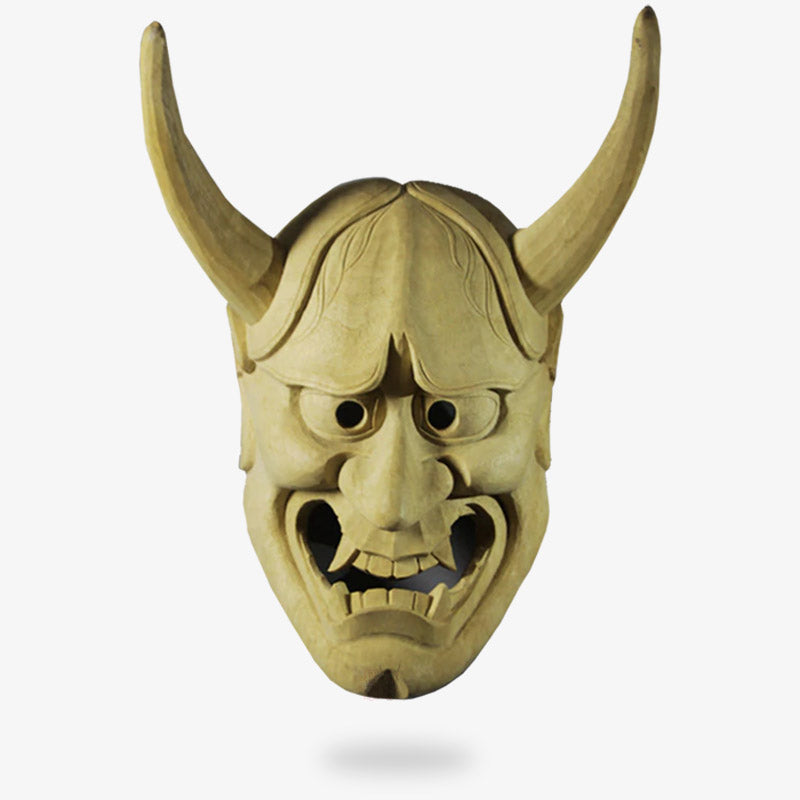 Máscara de Hannya de madera con cuernos y colmillos, rostro de demonio japonés