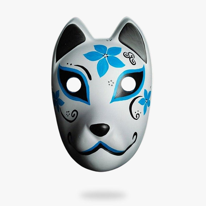Máscara kitsune sakura blanca pintada a mano con flores azules