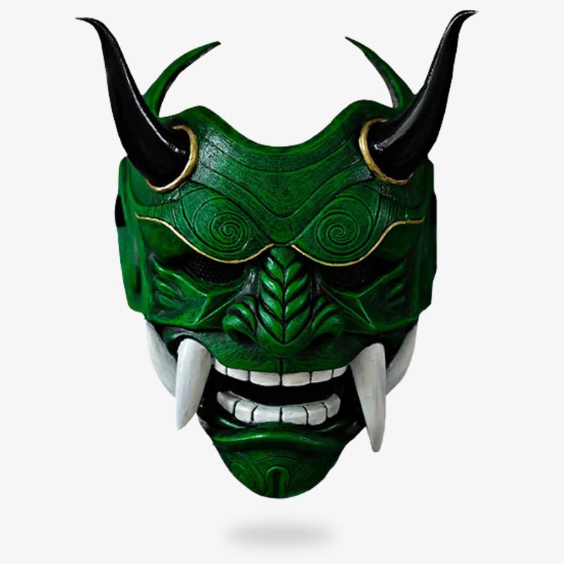 La máscara oni verde japonesa es la máscara mempo samurái del guerrero japonés. Representa a un demonio con cuernos y colmillos.
