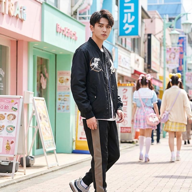 Hombre caminando por una calle de Harajuku con edificios coloridos vistiendo un bomber japonés