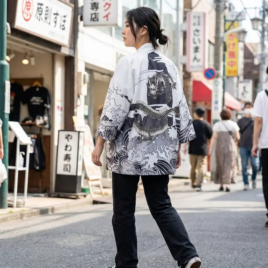 Mujer vista de espalda con haori dragón en una calle de Harajuku