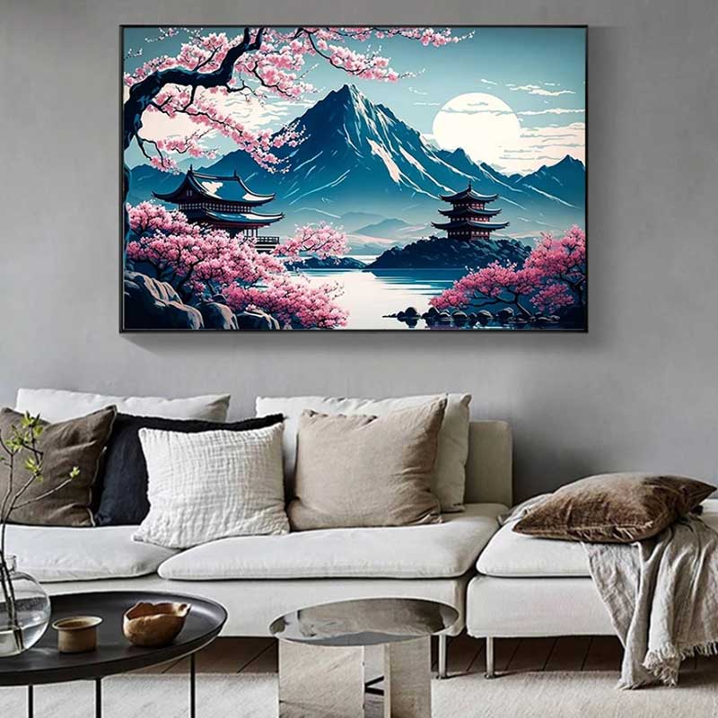 Decoración de pared con paisaje cultural japonés: cuadro del Monte Fuji colgado en un salón con sofá y mesa de centro