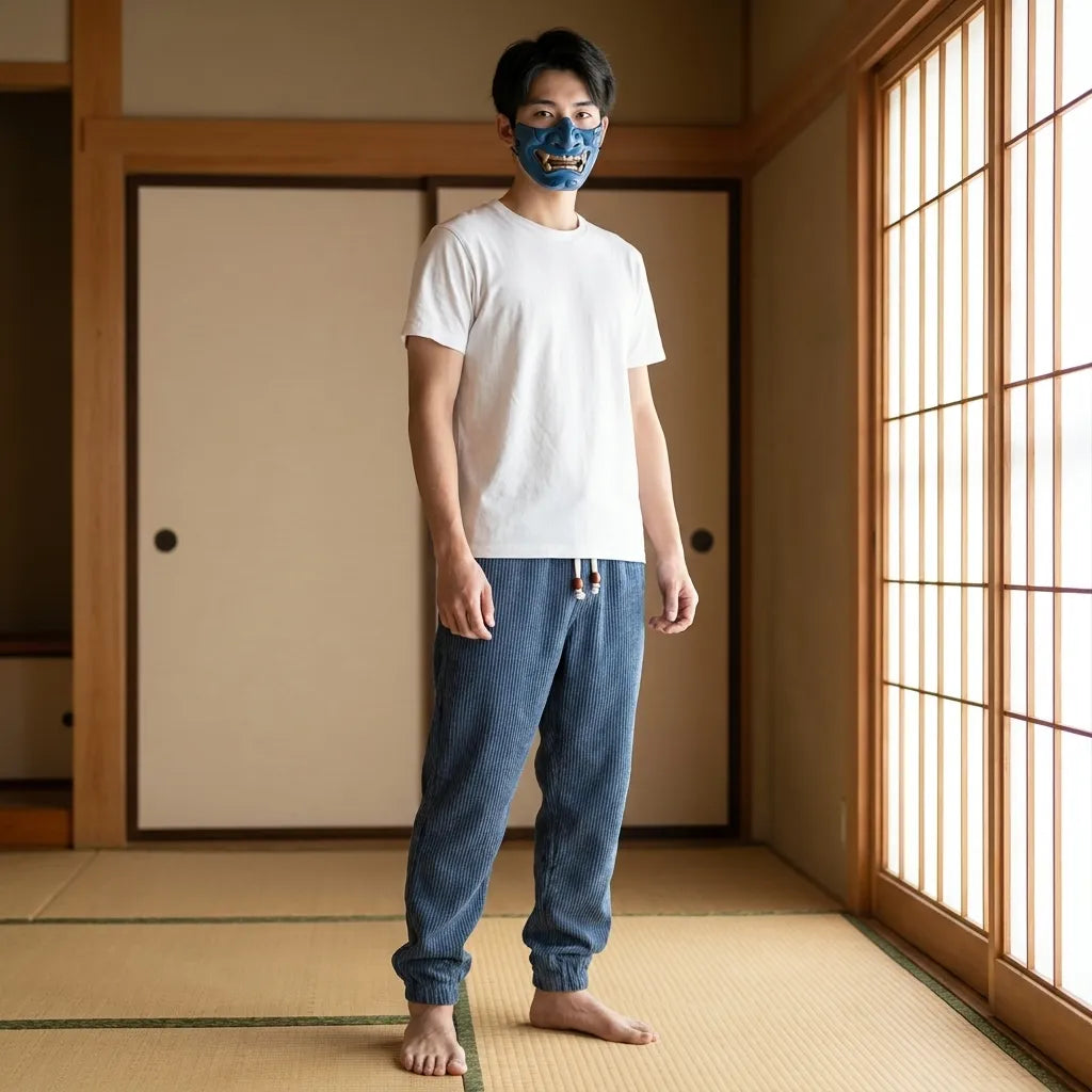 Pantalón de pana azul de estilo japonés para hombre