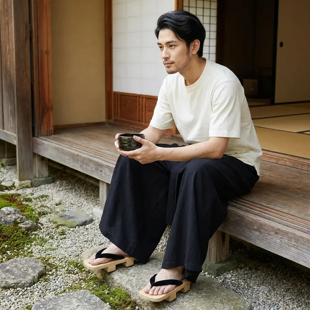 Pantalón Hakama Ancho llevado por un hombre en una habitación japonesa tradicional, vista frontal
