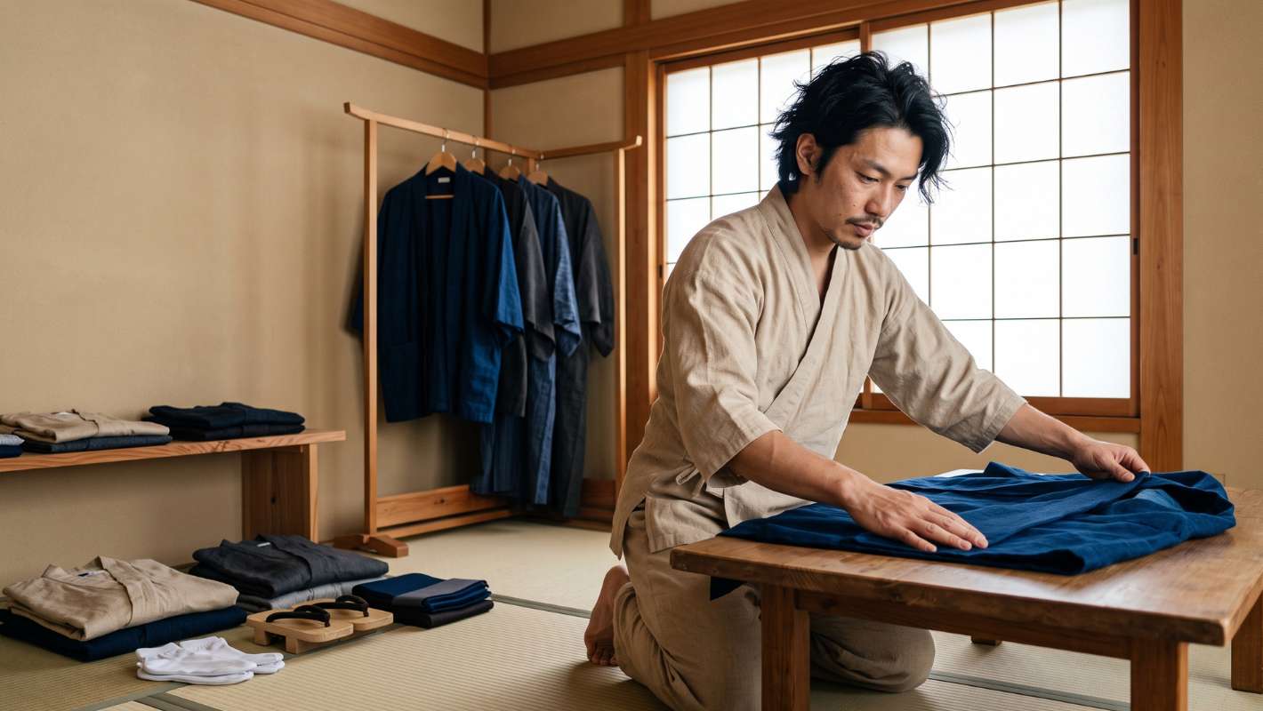 Plegado tradicional de un kimono sobre tatami