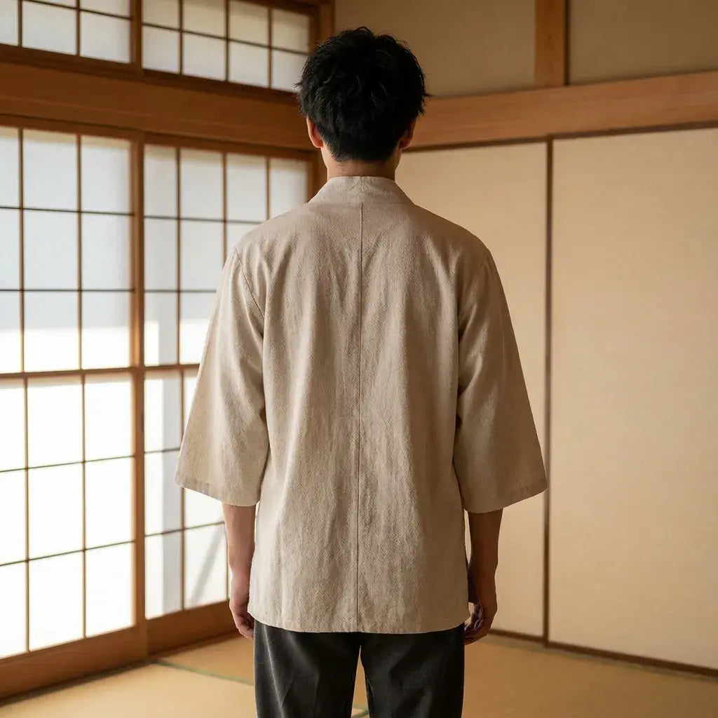 Kimono blanco hombre en plano sobre la espalda, segundo ángulo