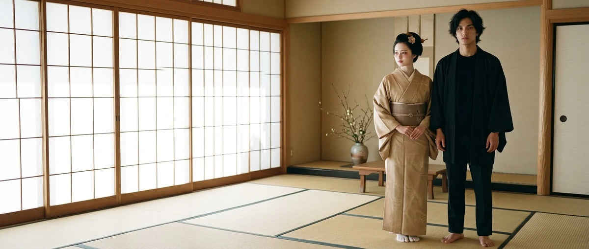 Pareja en una sala washitsu: ella con kimono japonés beige, él con haori negro