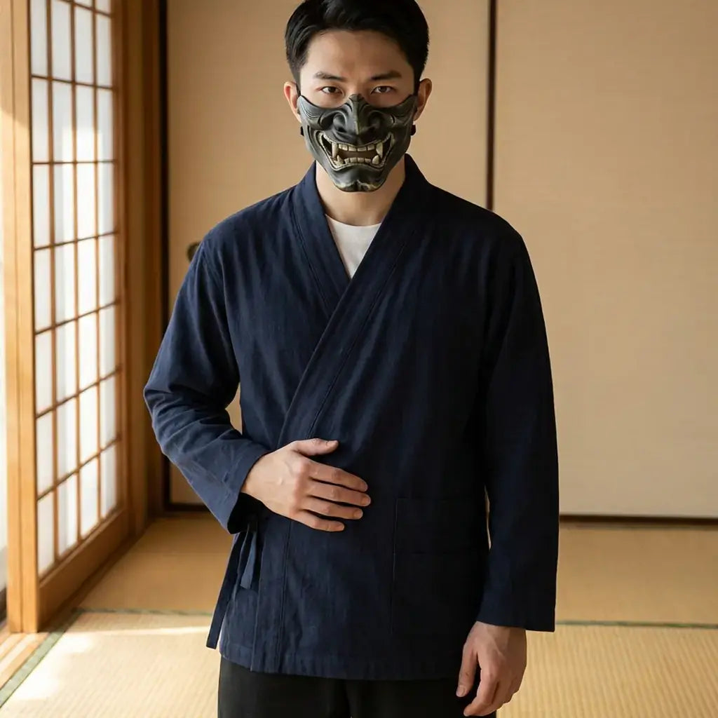 Samue Japonés Hombre llevado por un hombre en una habitación japonesa tradicional, vista frontal