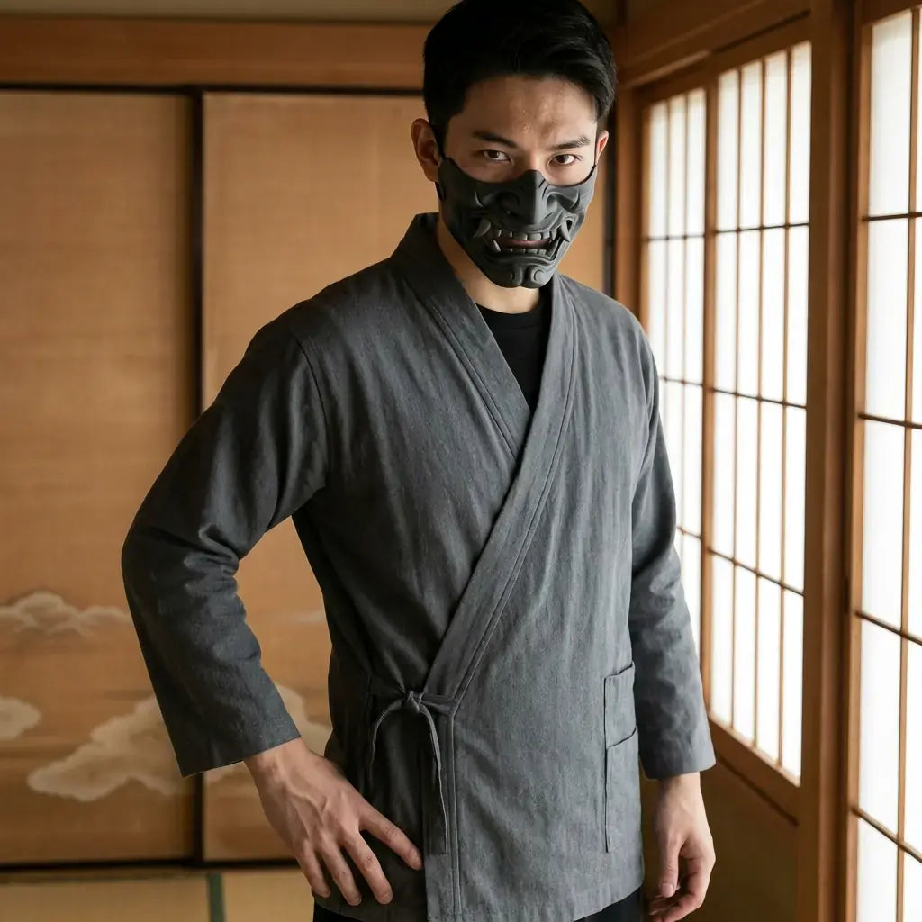 Samue Japones Hombre llevado por un hombre en una habitación japonesa tradicional, vista frontal