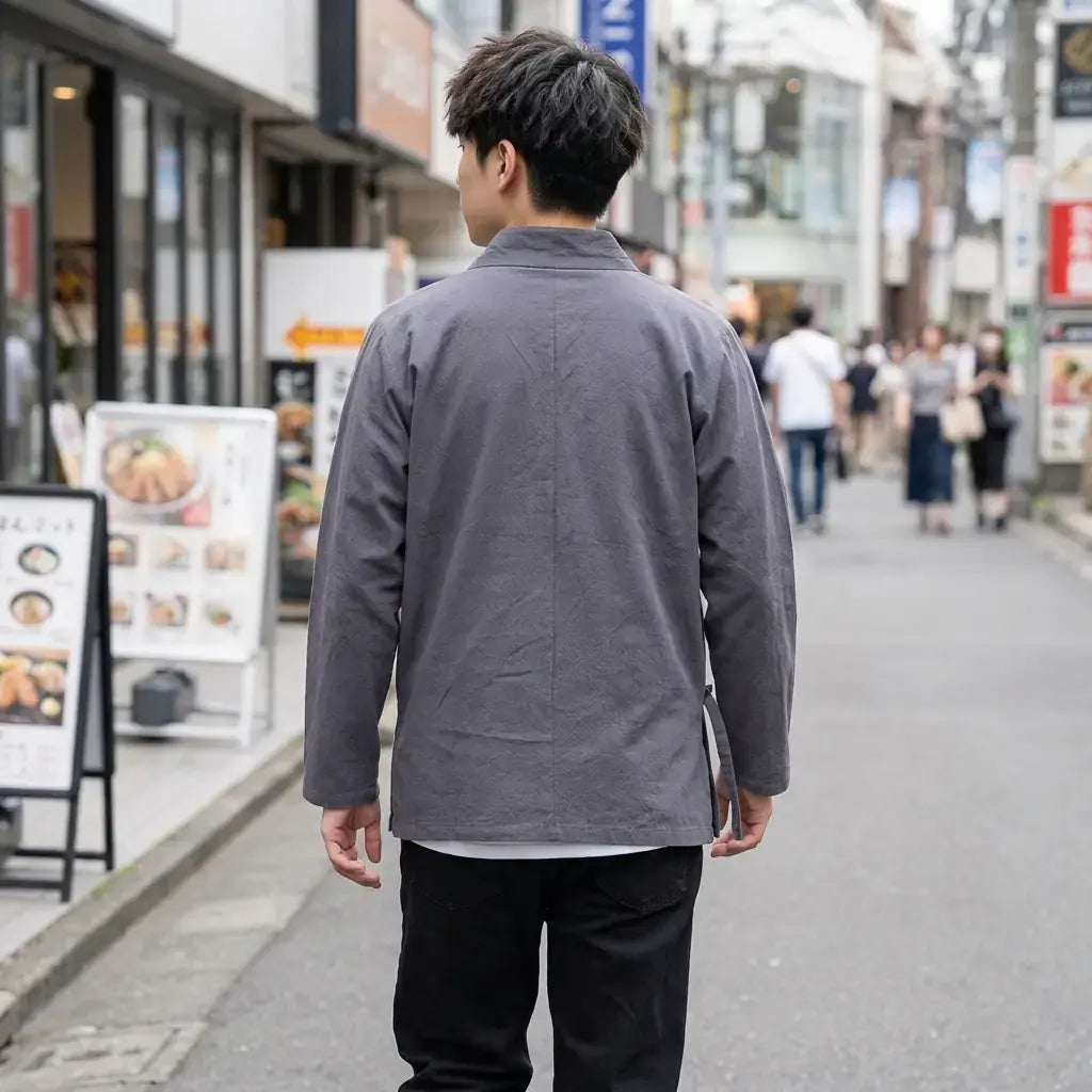 Samue Japones Hombre llevado por un hombre en una habitación japonesa tradicional, vista frontal