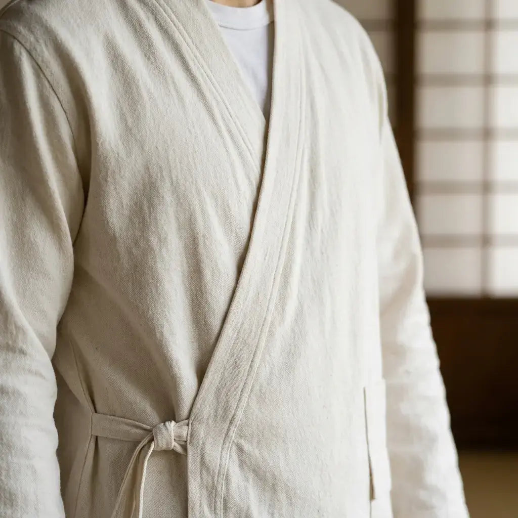 Samue Japones Hombre llevado por un hombre en una habitación japonesa tradicional, vista frontal