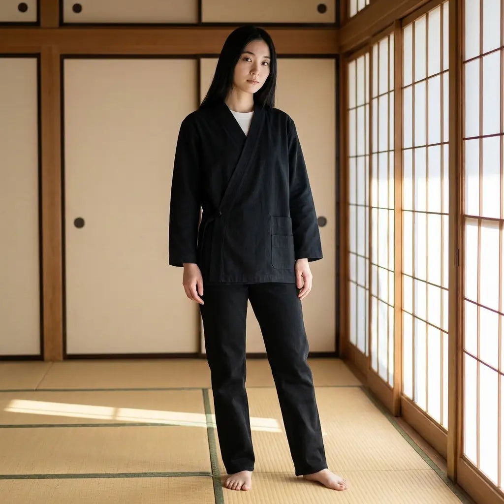 Mujer con samue japonés en una habitación washitsu con tatami