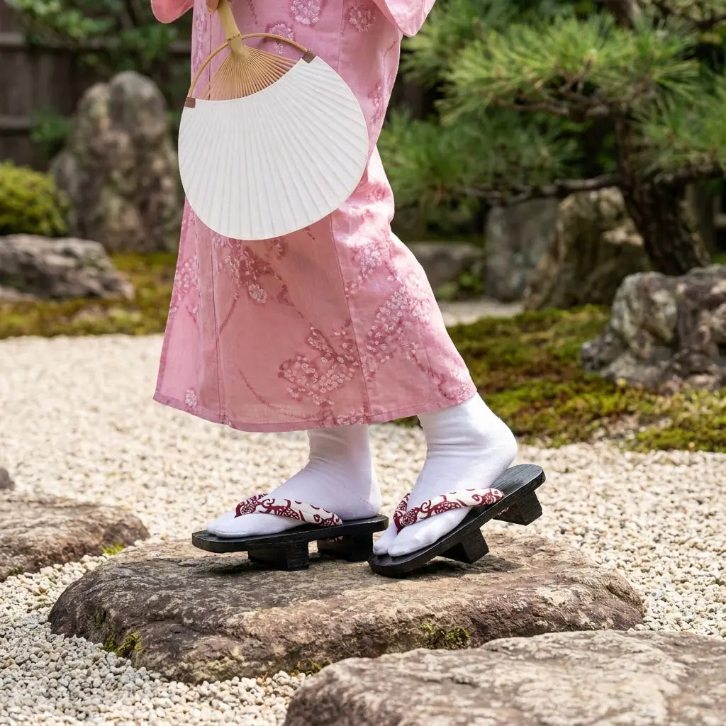 Sandalias geta hanao burdeos llevadas con un kimono rosa en un jardín japonés