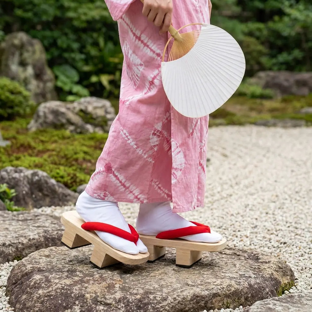 Sandalias Geta con tira roja combinadas con kimono rosa