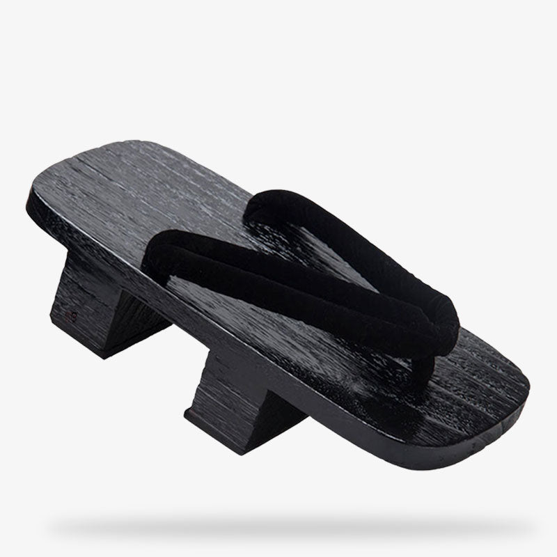 Conjunto de sandalias geta japonesas negras de madera con tira hanao negra, calzado tradicional con plataforma