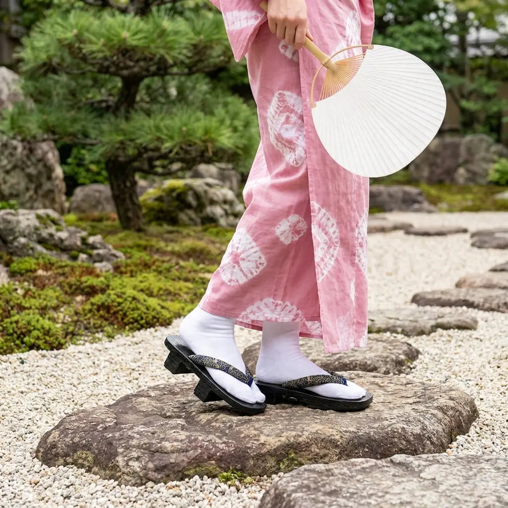 Sandalias geta llevadas con un kimono rosa en un jardín japonés