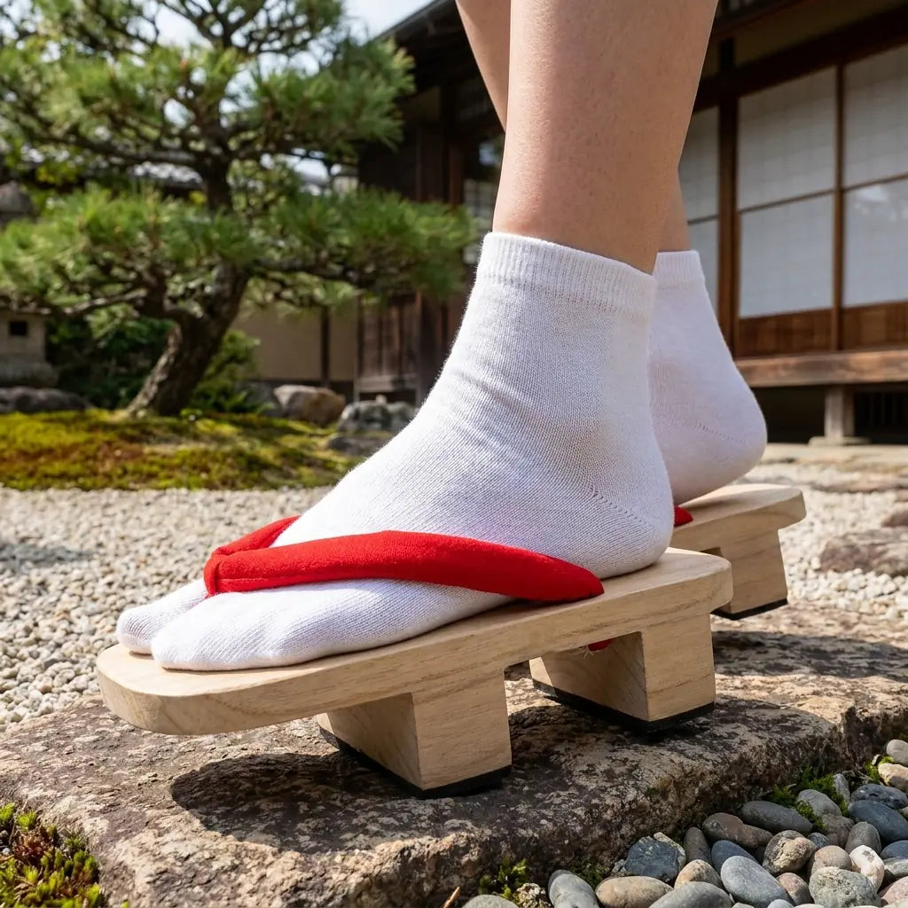 Sandalias Geta apoyadas sobre una piedra de jardín