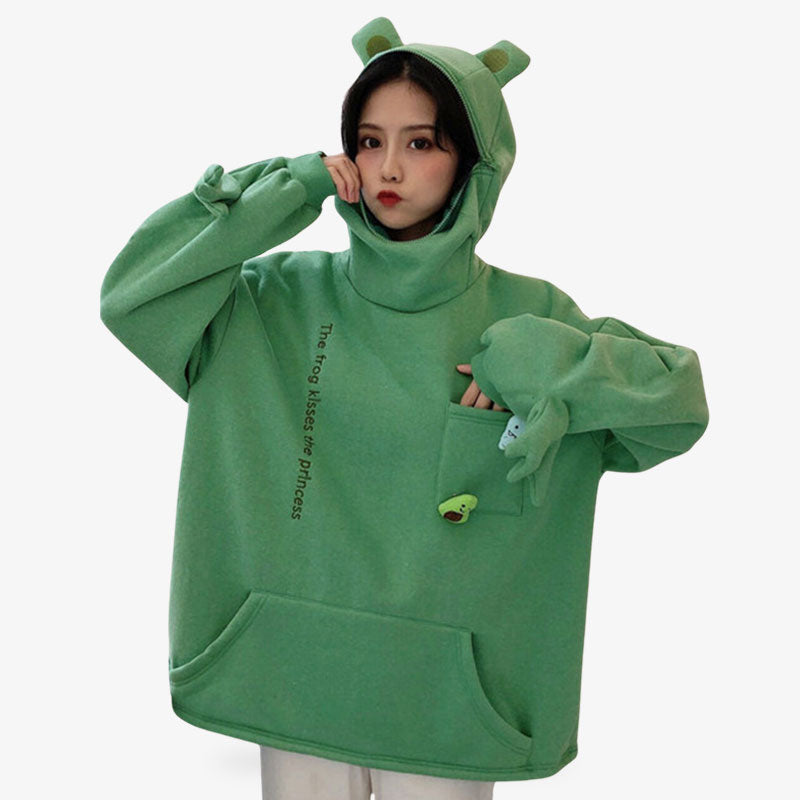 Sudadera kawaii de rana hecha de algodón suave con estampados tiernos y coloridos, perfecta para un look japonés informal