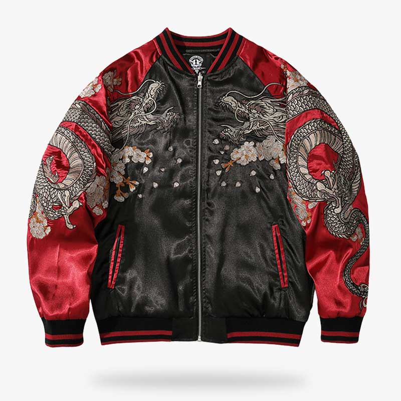 Esta sukajan jacket mexico es una chaqueta japonesa roja con dos dragones bordados en los hombros.
