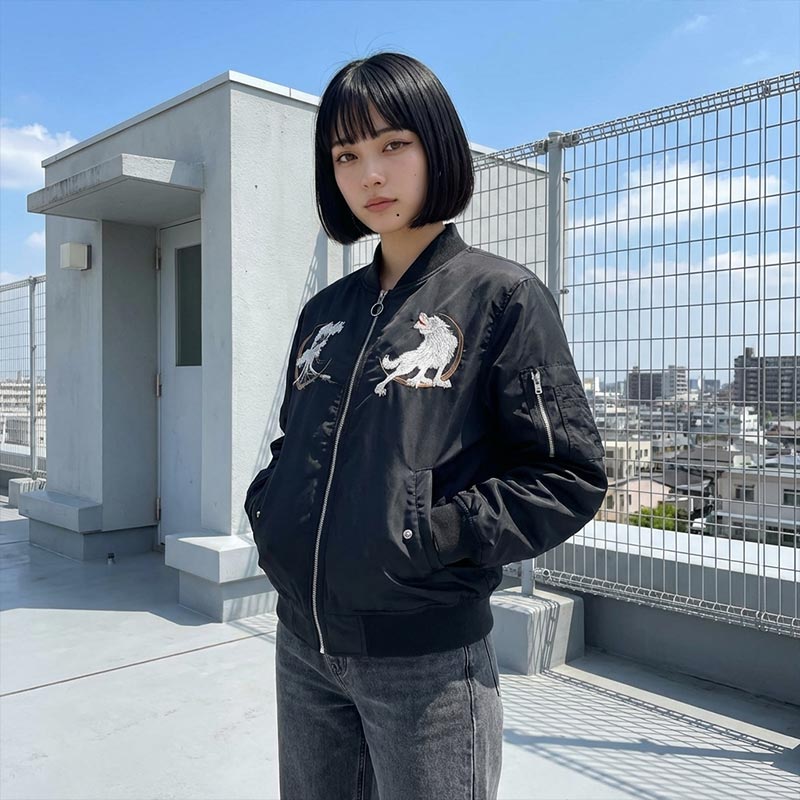Mujer con chaqueta sukajan negra y diseño de lobo blanco en una azotea de Tokio