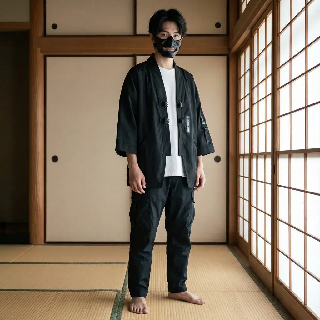 Techwear Kimono llevado por un hombre en una habitación japonesa tradicional, vista frontal
