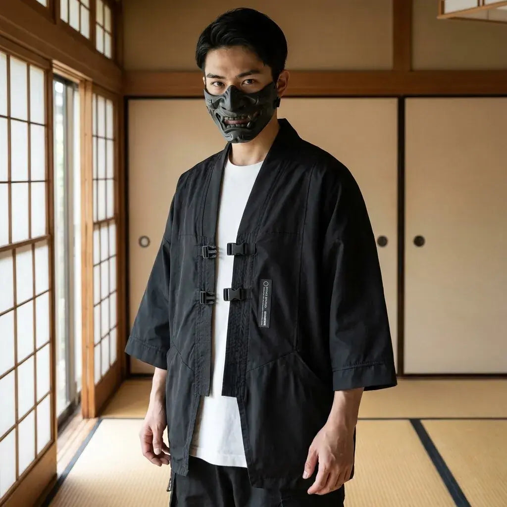 Techwear Kimono llevado por un hombre en una habitación japonesa tradicional, vista frontal