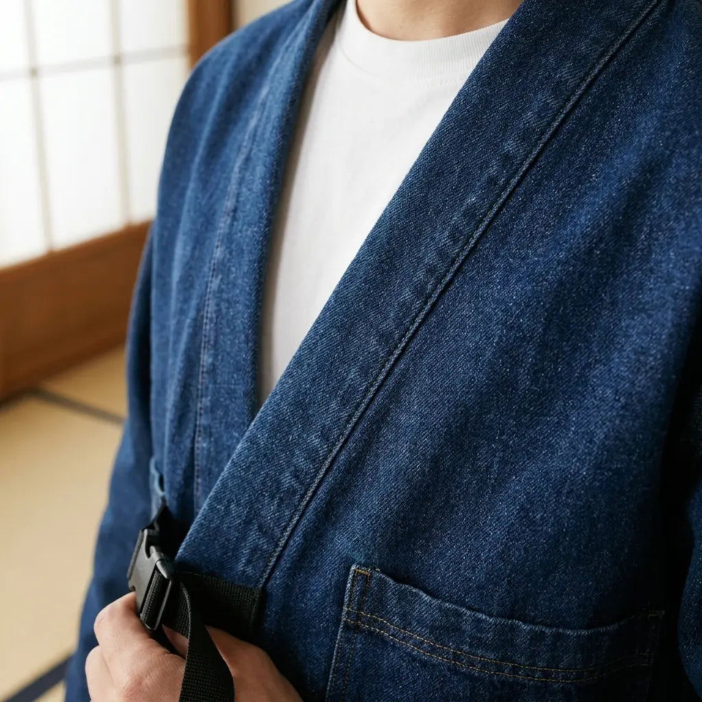 Primer plano del tejido estampado y la manga de un haori azul