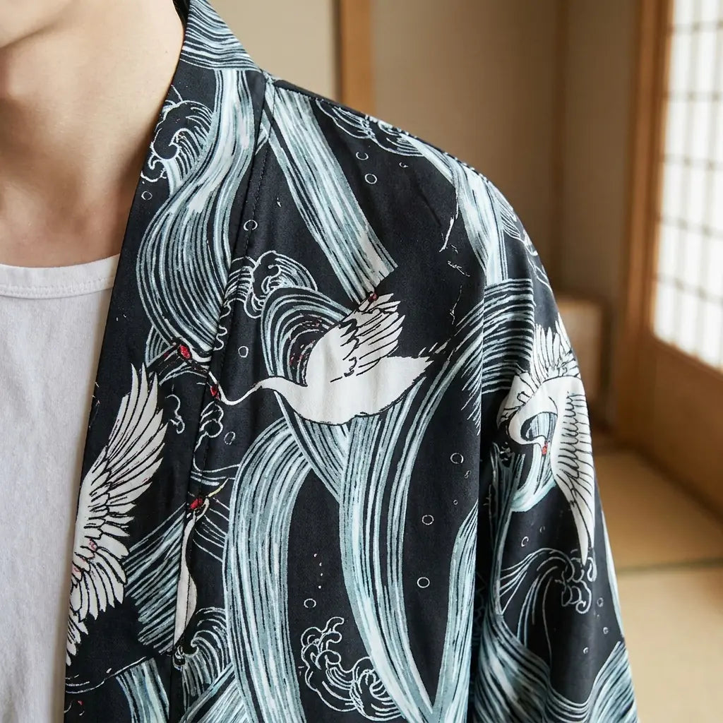 Primer plano de la tela estampada y la manga de una chaqueta haori estilo kimono