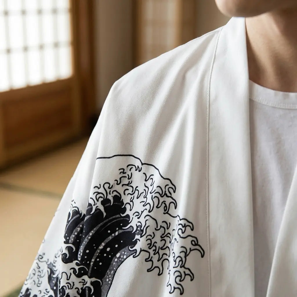 Detalle de la tela estampada y la manga de un haori