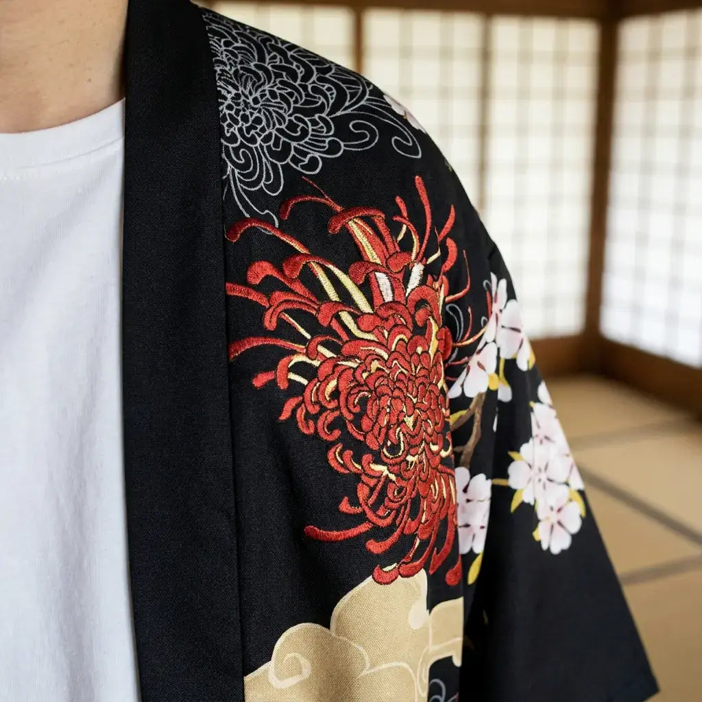 Primer plano del tejido y la manga del harajuku kimono