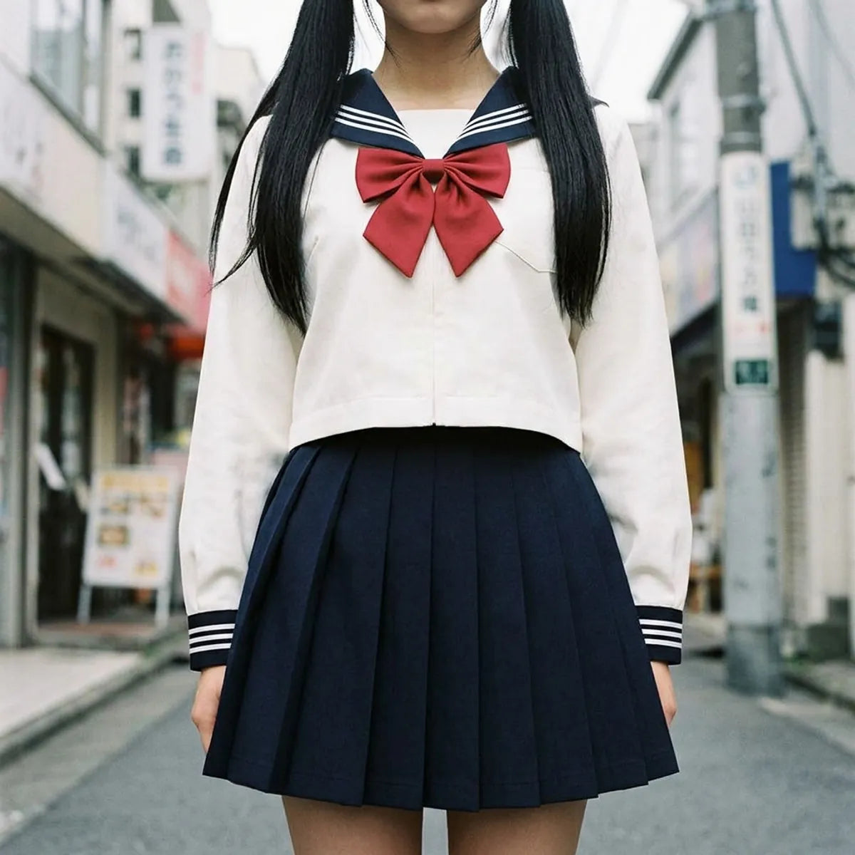 Top corto estilo marinero con cuello característico japonés