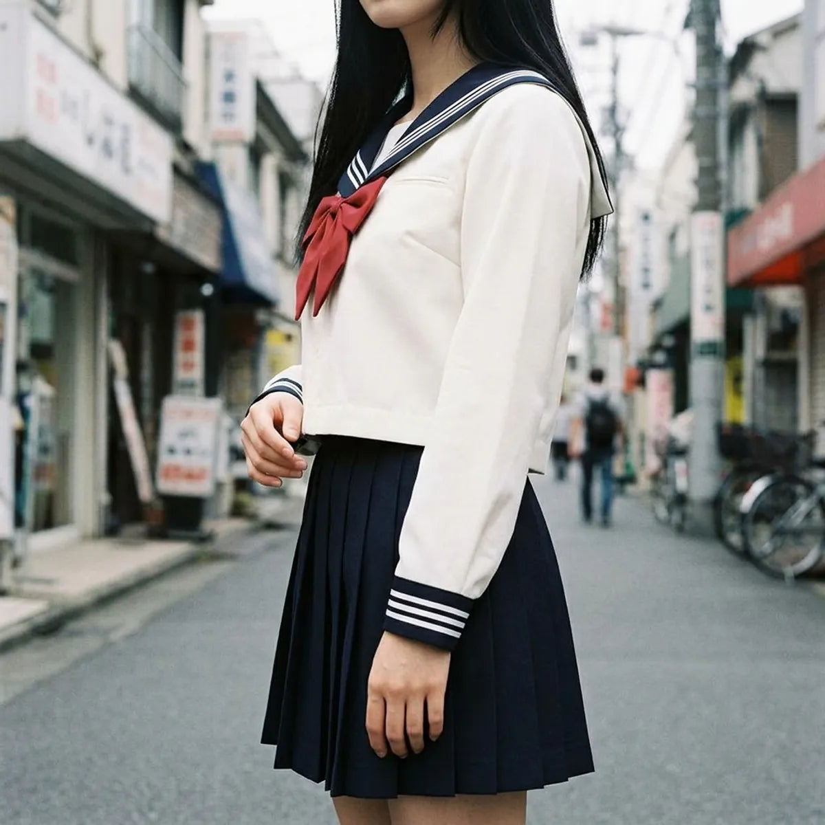 Uniforme marinero japonés con camisa blanca y falda azul marino