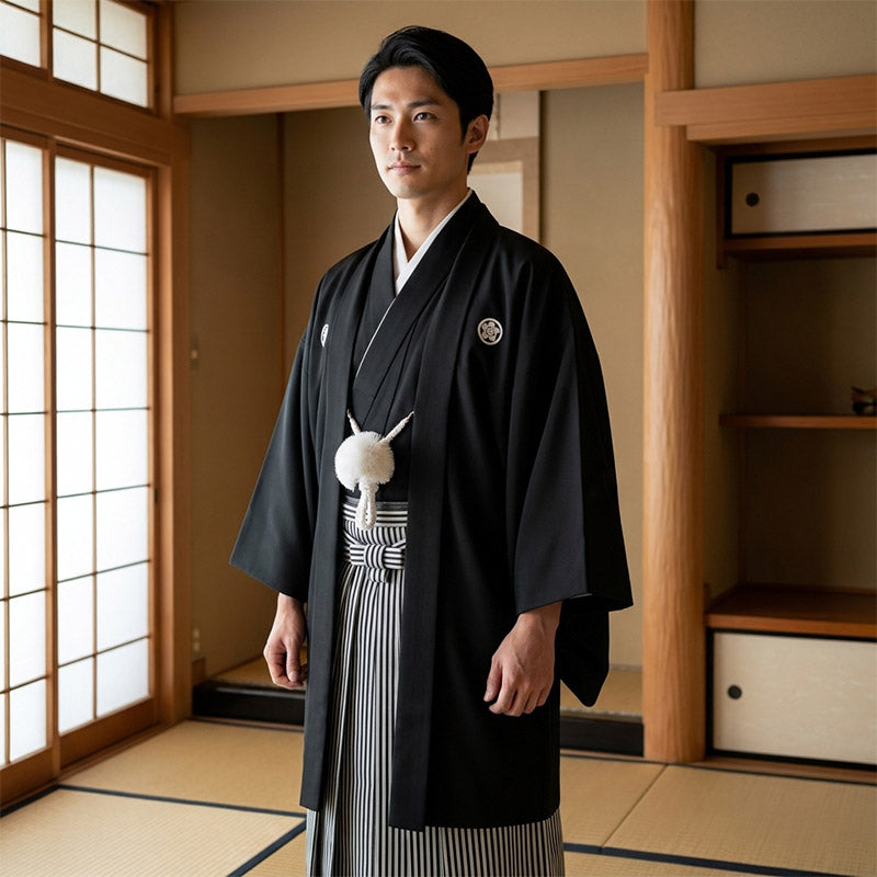 Vestido kimono negro kuro-montsuki visto de frente con cinco kamon