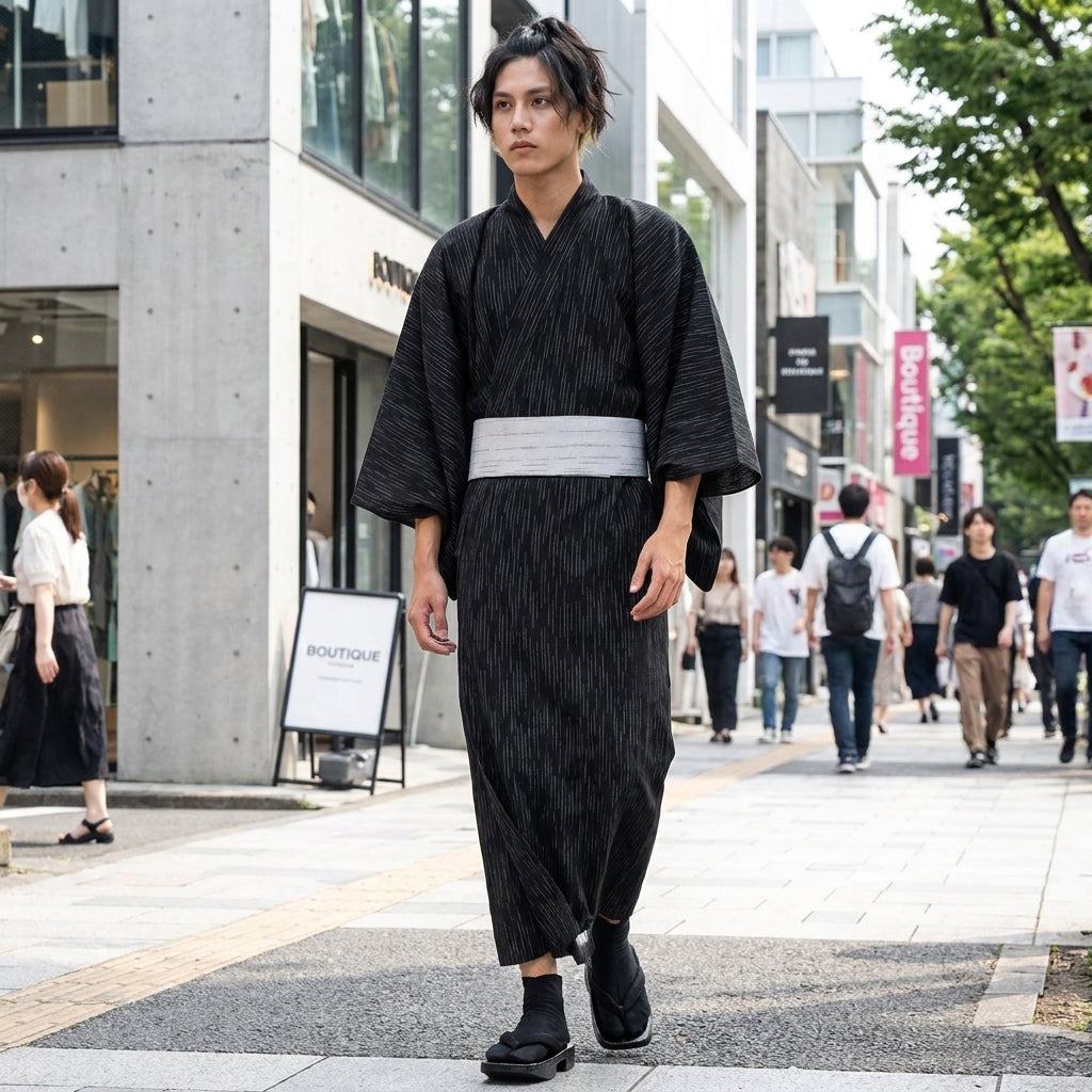 Vista lateral del kimono japonés hombre estilo samurái
