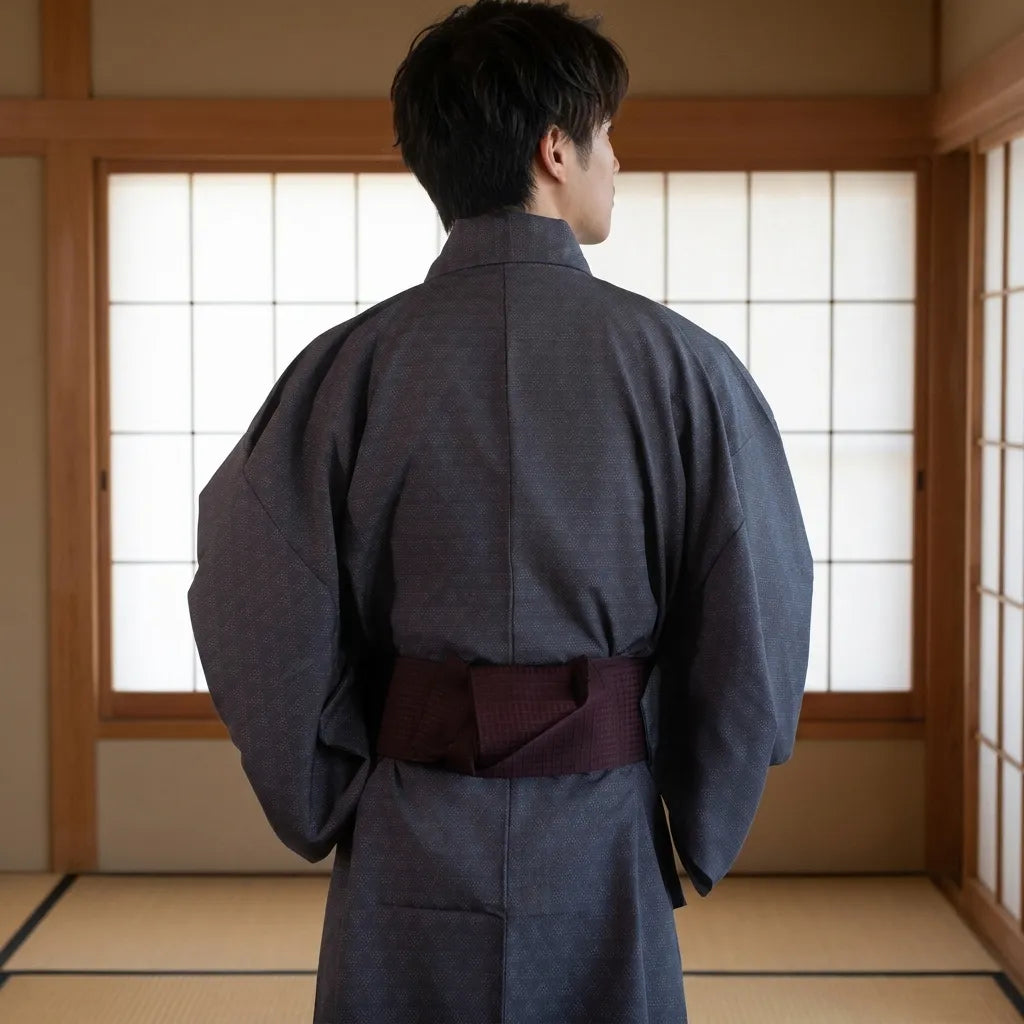 Vista trasera del yukata gris con mangas amplias