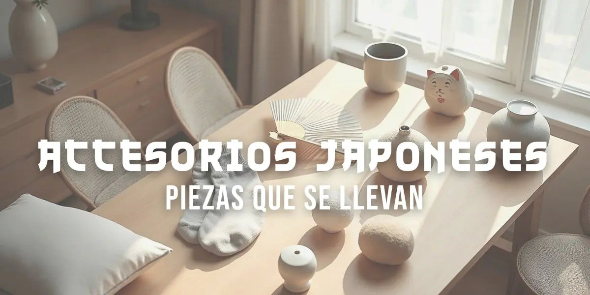Accesorios japoneses colocados sobre una mesa de madera: calcetines tabi, abanico, máscara hannya y maneki-neko