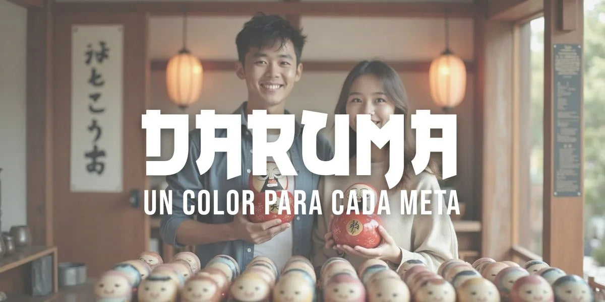Pareja japonesa sostiene munecos daruma rojo y dorado en un puesto de templo con luz natural